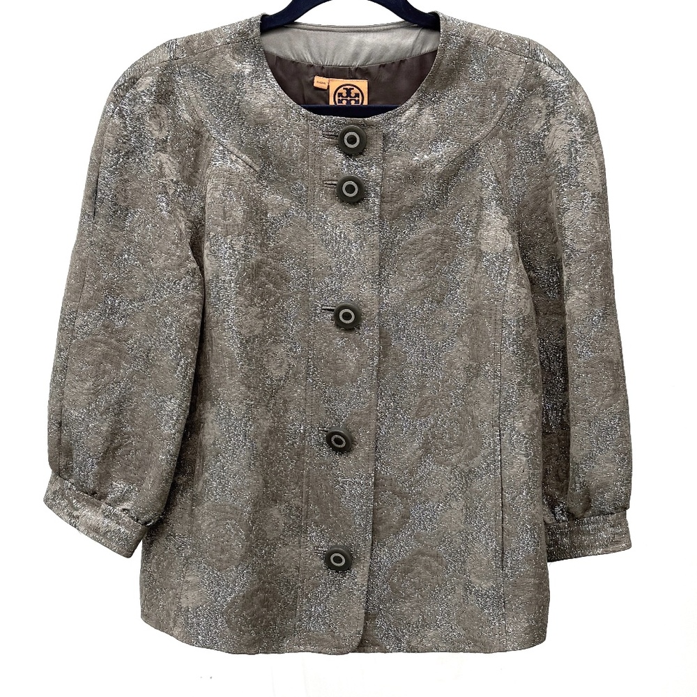 TORY BURCH DRESSY JACKET, Grey/Taupe & Metallic threads, size 10
